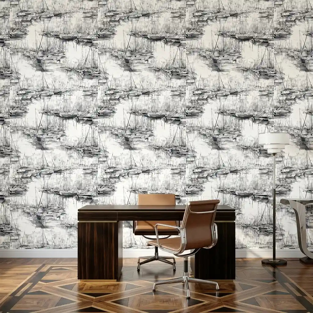 Home Office - Stylish black and white Yacht Club wallpaper by York Wallcoverings creates a chic, nautical-inspired workspace.