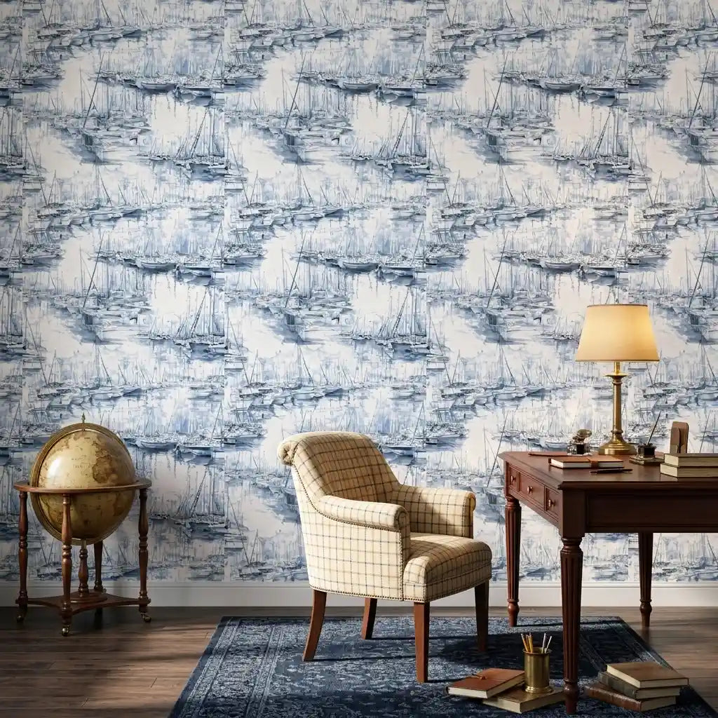 Home Office - Serene blue and white "Yacht Club" wallpaper by York Wallcoverings creates a nautical and stylish workspace.