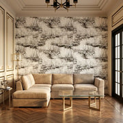 Living Room - Elegant space featuring 'Yacht Club' wallpaper in Charcoal and Cream by York Wallcoverings for a sophisticated look.