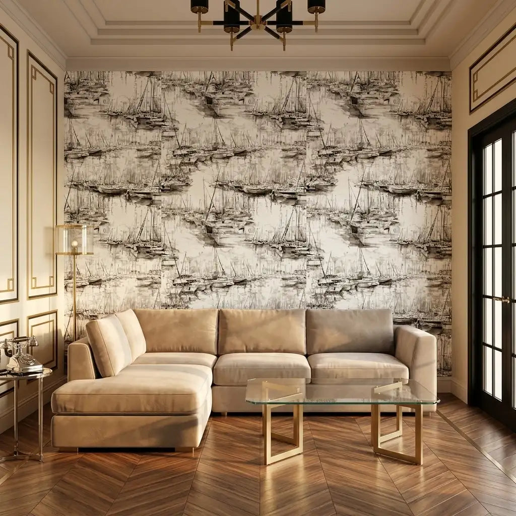 Living Room - Elegant space featuring 'Yacht Club' wallpaper in Charcoal and Cream by York Wallcoverings for a sophisticated look.