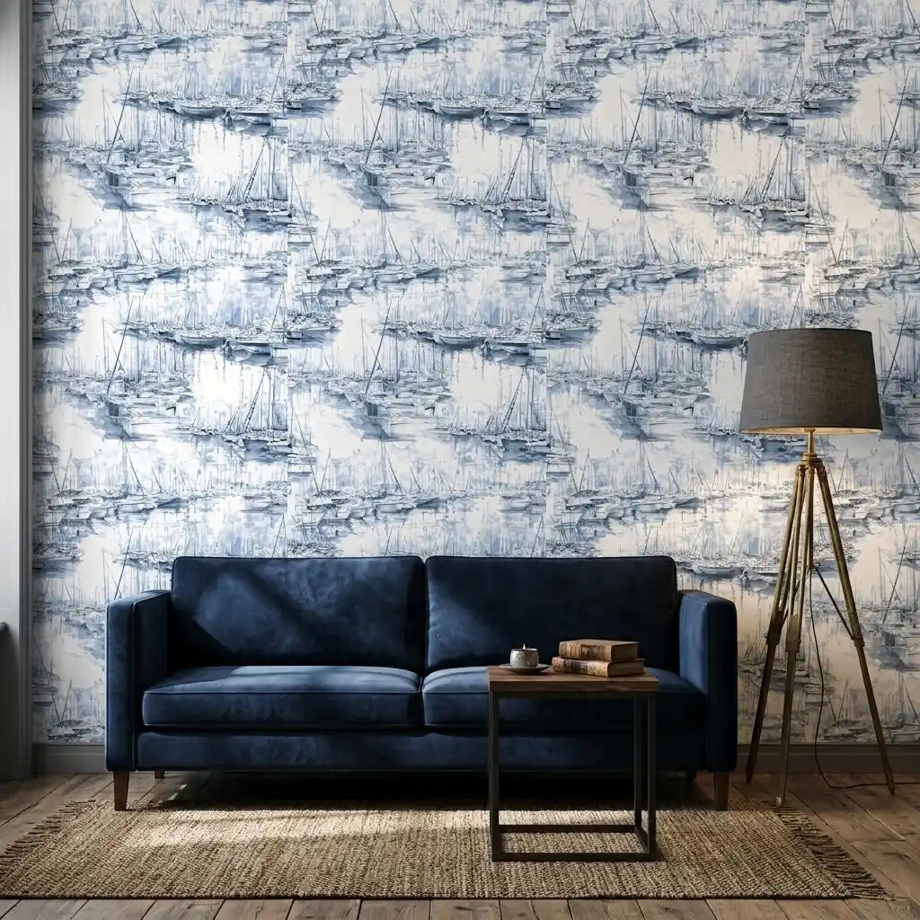 Living Room - Stylish living room showcasing York Wallcoverings' 'Yacht Club' blue & white wallpaper, creating a chic nautical aesthetic.