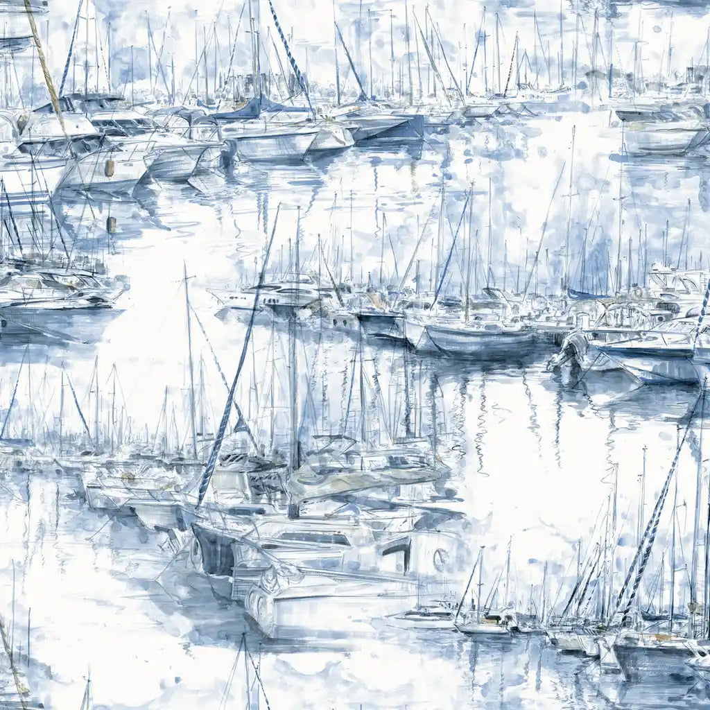 Yacht Club wallpaper pattern swatch in blue and white by York Wallcoverings (SKU 4211-83511).