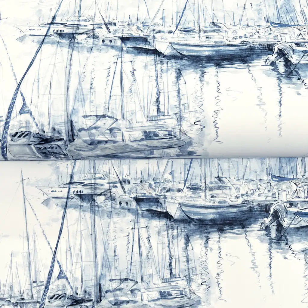 Close-up texture detail of York Wallcoverings' Blue & White "Yacht Club" wallpaper, showcasing its elegant fabric-like finish.