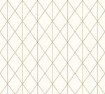 The Diamond Geometric wallpaper by Ontario features an abstract pattern with a beige backdrop, highlighted by gold lines that create diamond shapes in a symmetrical grid. This drop match design exudes simplicity and elegance with its minimalist geometric style, covering 56 square feet.