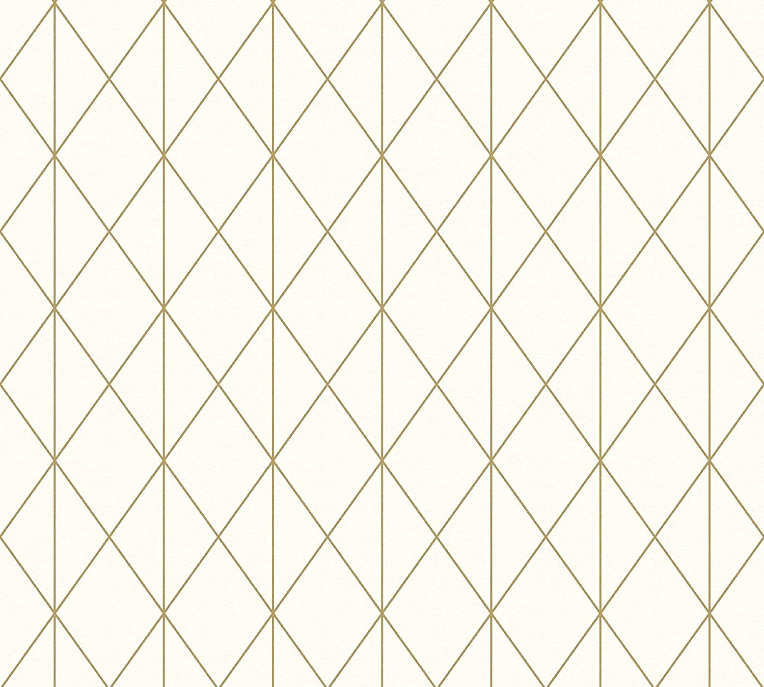 The Diamond Geometric wallpaper by Ontario features an abstract pattern with a beige backdrop, highlighted by gold lines that create diamond shapes in a symmetrical grid. This drop match design exudes simplicity and elegance with its minimalist geometric style, covering 56 square feet.