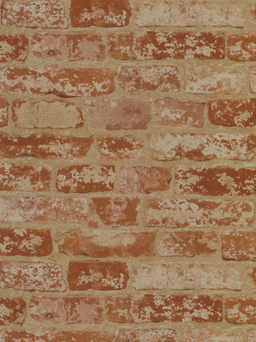 A close-up view of a red brick wall with a slightly worn and weathered appearance. The realistic brickwork features unevenly colored bricks with patches of white and darker red, showing signs of aging and texture variations, making it perfect for architectural décor. Enhance your space with the Urban Chic Up The Wall Wallpaper (56 SqFt) by York Wallcoverings.