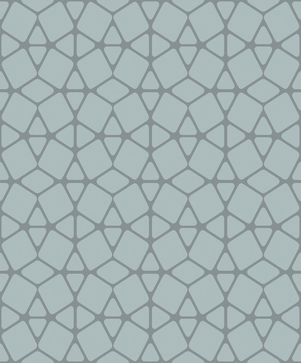 A seamless pattern consisting of irregular geometric shapes resembling a web-like structure, reminiscent of Facet Geometric Wallpaper by York Wallcoverings. The shapes are outlined in a darker shade of grey-blue, enhanced with metallic inks, while the background appears in a lighter blue-grey, giving a modern and abstract look.