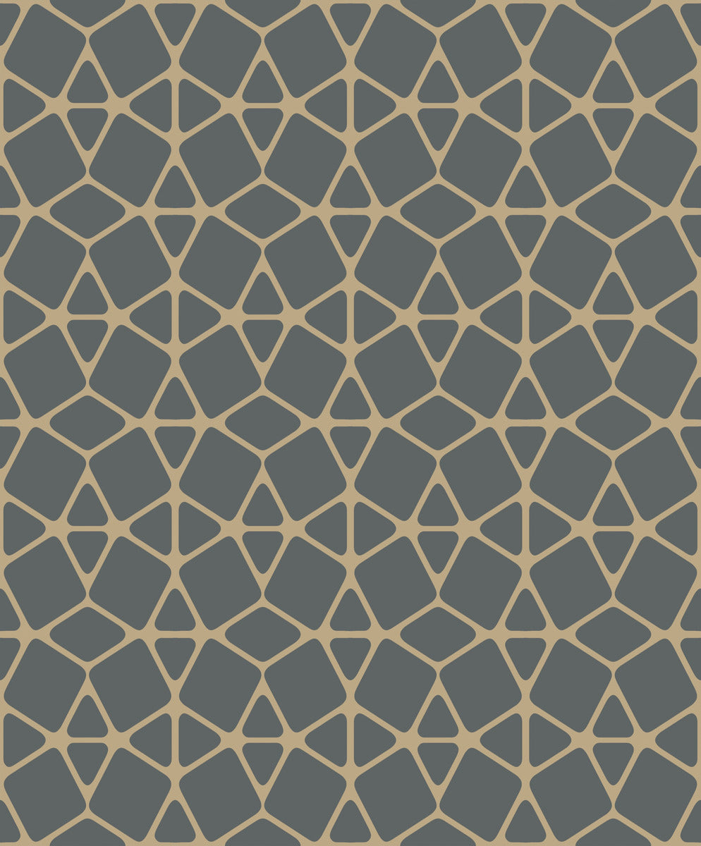 A seamless geometric pattern featuring dark blue pentagons and beige hexagons arranged in a grid, creating a visually intricate and symmetrical design. Each shape repeats uniformly across the image, forming a tessellated effect perfect for geometric home decor or Facet Geometric Wallpaper by York Wallcoverings.