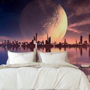 Bedroom - A futuristic bedroom with a large wall-sized Decor2Go Wallpaper Mural overlooking a city skyline with tall buildings and a massive planet visible in a purple and pink sky at dusk.