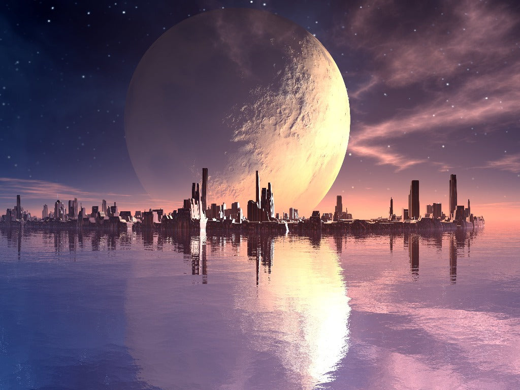 A futuristic Decor2Go Eden Prime wallpaper mural with skyscrapers reflecting on a calm water surface, set against a backdrop of a large, rising planet and a starry sky with a pink and blue twilight atmosphere.