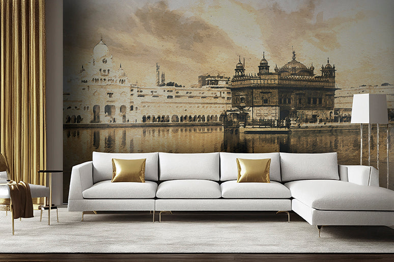 Living Room - Modern living room with a large sofa and golden cushions, featuring a wall-sized sepia-toned Decor2Go Wallpaper Mural of the Golden Temple reflected in water.