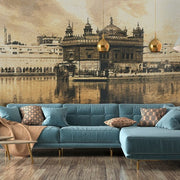 Living Room - Luxury living room with gold fixtures and gold wallpaper of the city