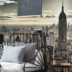 New York sky line view. Beautiful taupe brown New York city view wallpaper mural in the bedroom