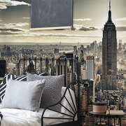 Bedroom - New York sky line view. Beautiful taupe brown New York city view wallpaper mural in the bedroom