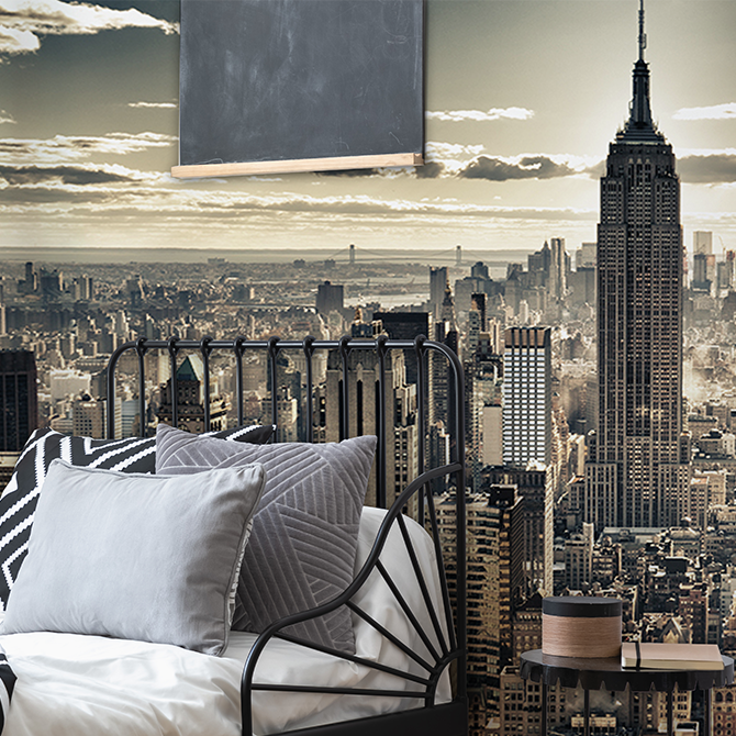 Bedroom - New York sky line view. Beautiful taupe brown New York city view wallpaper mural in the bedroom