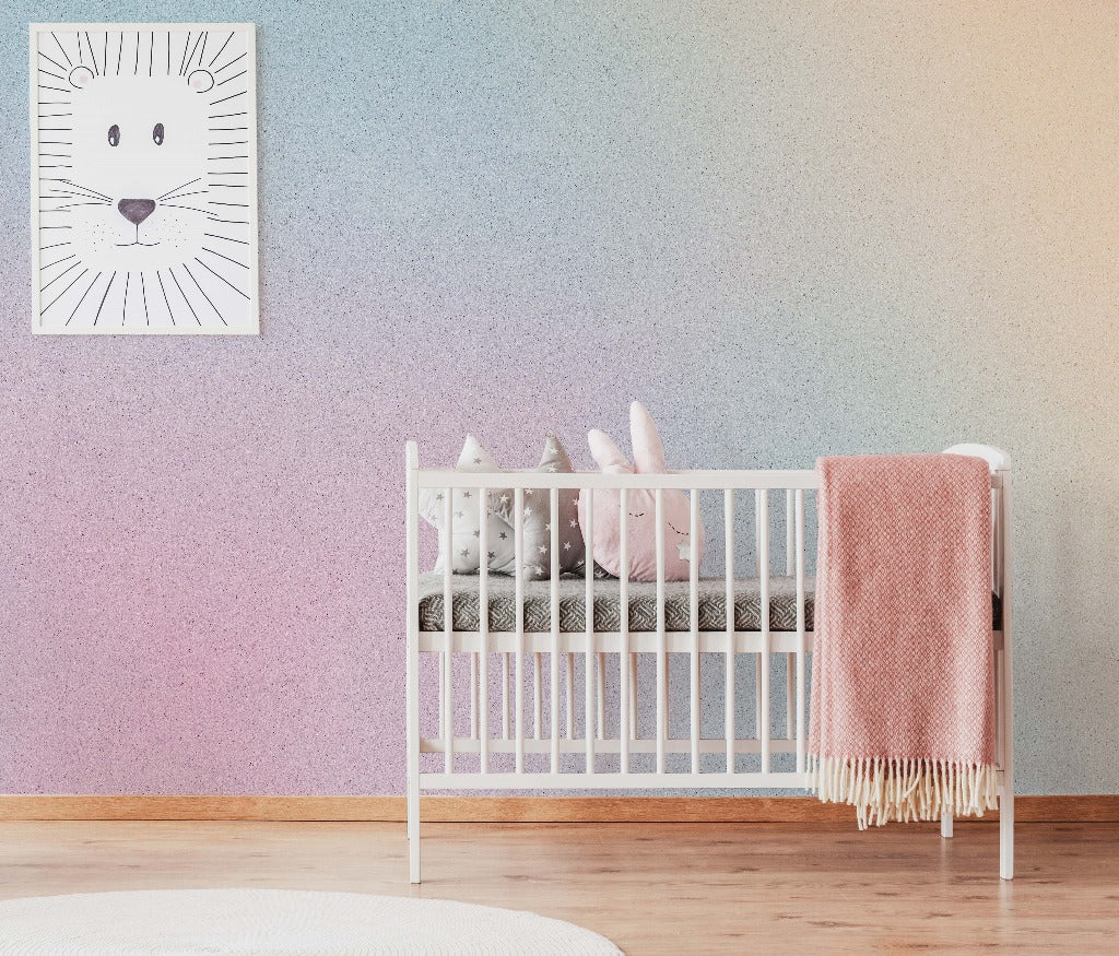 Nursery - A cozy nursery room featuring a white crib with plush toys inside, a pink throw blanket on the side, and a Decor2Go Wallpaper Mural with a cartoon tiger poster.