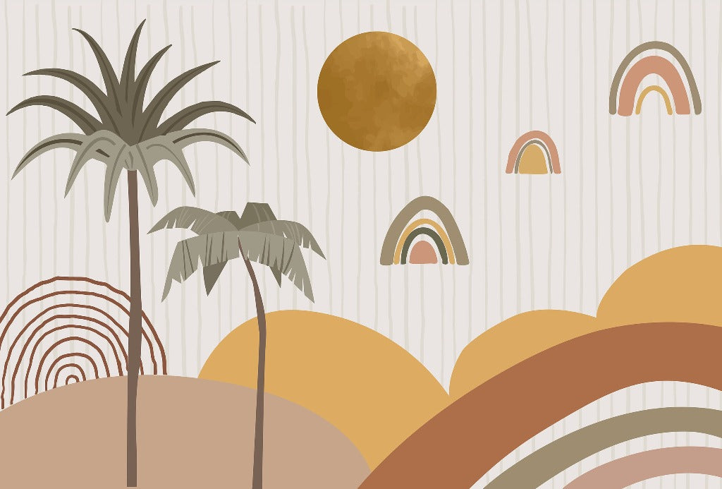 Bedroom - Abstract landscape with stylized sun, palm trees, and colorful arches on a beige striped background. The design features earth tones and minimalist, geometric shapes, ideal for imaginative kids' bedroom decor with the Rainbow Wonders Wallpaper Mural by Decor2Go Wallpaper Mural.