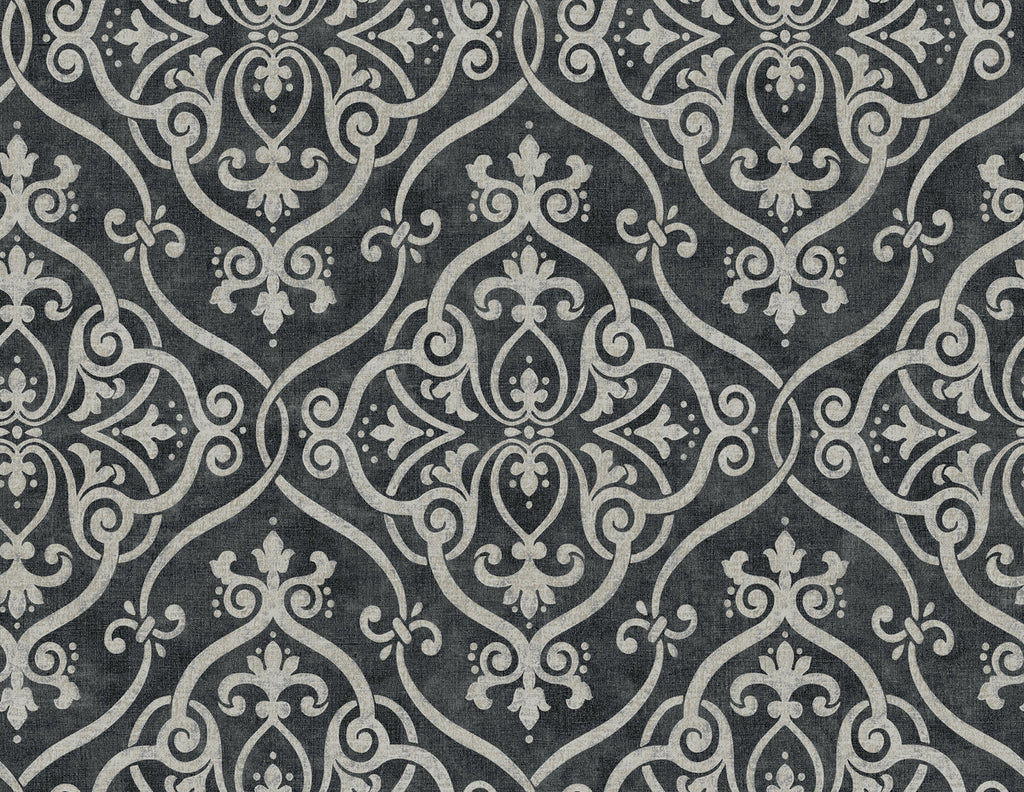 An intricate black and grey damask pattern with elaborate floral medallions and symmetrical shapes on a textured background is featured in the Glam Interlocking Geo Wallpaper (60 SqFt) by York Wallcoverings.
