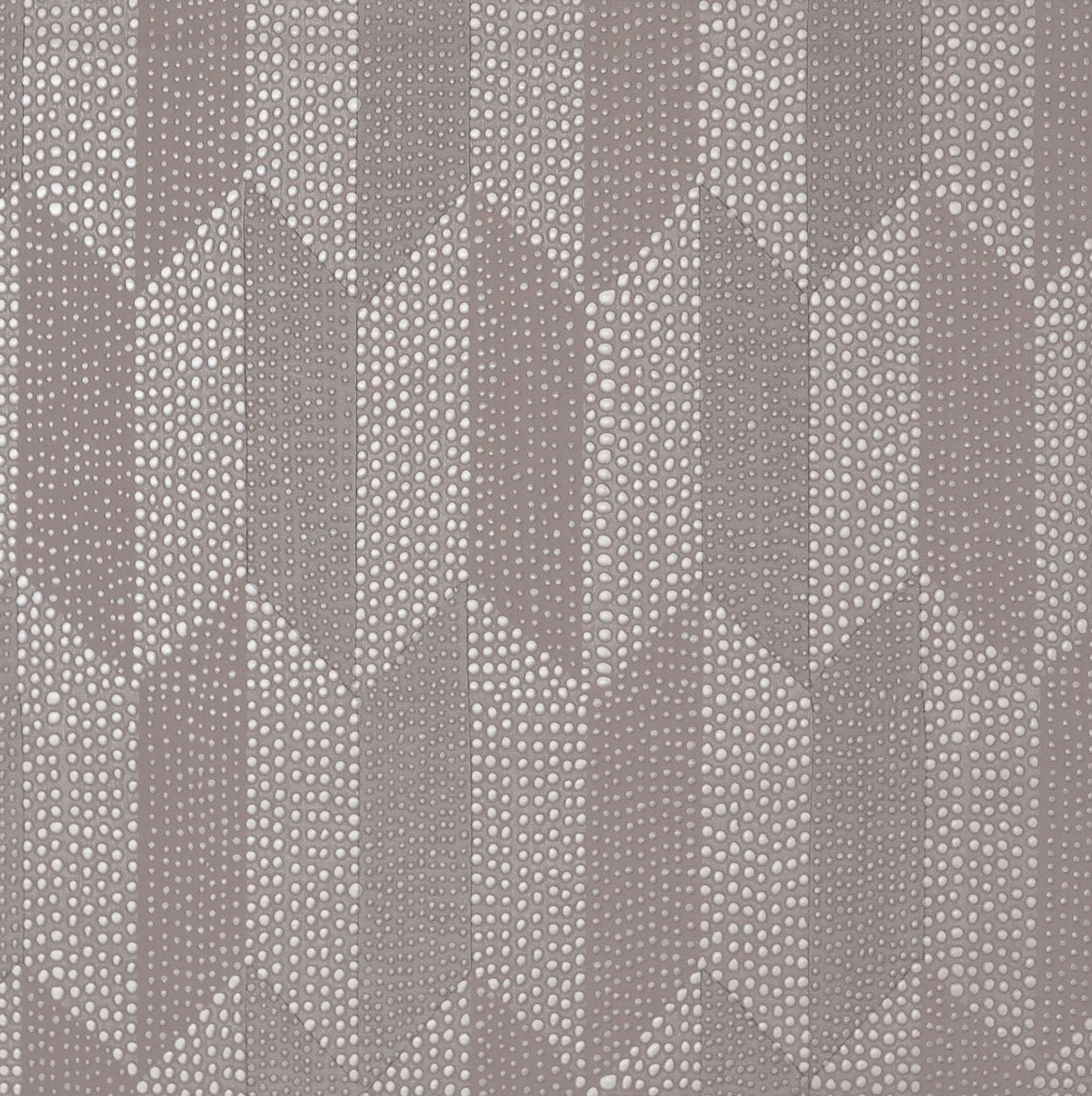 The Cosmopolitan Wallpaper by York Wallcoverings showcases an intricate geometric pattern with rows of metallic dots forming arrow shapes that point upwards. This design, in the Dark Oyster colorway, incorporates shades of beige and light brown to create a textured, raised effect across 60 square feet.