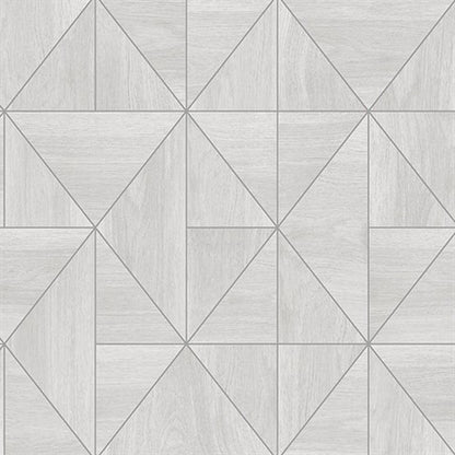 A geometric pattern composed of squares and triangles in light gray, giving a tiled appearance. The Cheverny Geometric Wood Wallpaper (56 SqFt) by York Wallcoverings has a woodgrain texture reminiscent of rustic wallpaper and is arranged in a repeating, intricate design.