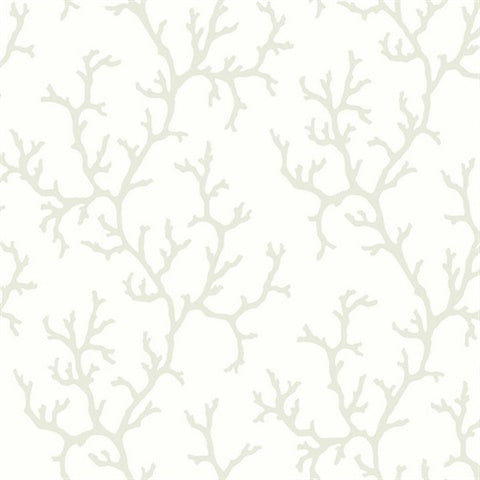 A wallpaper pattern with a repeating design of pale, beige coral branches on a white background. The coral branches are delicate and intertwined, giving a subtle, natural texture to the Coral Island Wallpaper (60 SqFt). This strippable and washable unpasted option from York Wallcoverings adds elegance to any room.