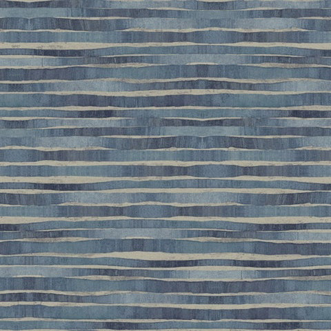 A pattern of irregular horizontal stripes in varying shades of blue and white, resembling layered fabric or waves. The stripes have a hand-painted or textured appearance, creating a visually dynamic and abstract design with a hint of metallic shimmer that evokes Dreamscapes Wallpaper (60 SqFt) by York Wallcoverings.