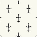 A seamless pattern featuring black Fleur De Lis symbols on a plain off-white background, arranged in a structured, repeating grid. This vinyl-coated wallpaper is both stylish and durable. (Fleur De Lis wallpaper by York Wallcoverings)