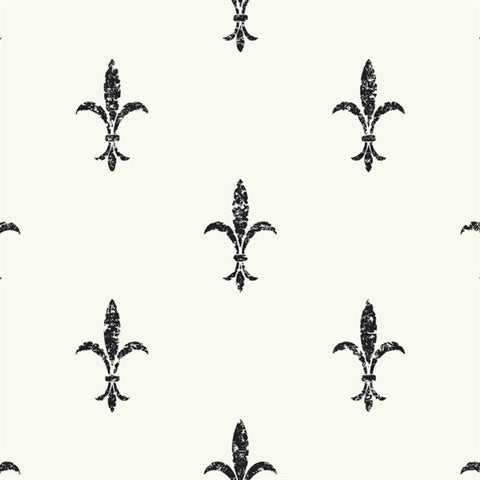 A seamless pattern featuring black Fleur De Lis symbols on a plain off-white background, arranged in a structured, repeating grid. This vinyl-coated wallpaper is both stylish and durable. (Fleur De Lis wallpaper by York Wallcoverings)