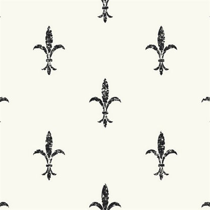 A simple pattern featuring black fleur-de-lis symbols evenly spaced on a white background. Each fleur-de-lis has a slightly distressed texture, giving it a vintage look. The Fleur De Lis Wallpaper (60 SqFt) by York Wallcoverings adds both elegance and durability to any room with its scrubbable, vinyl-coated finish.