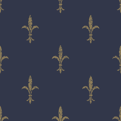 A seamless pattern featuring an ornate golden Fleur De Lis design repeated on a dark navy blue background, ideal for York Wallcoverings' Fleur De Lis (60 SqFt) strippable wallpaper.