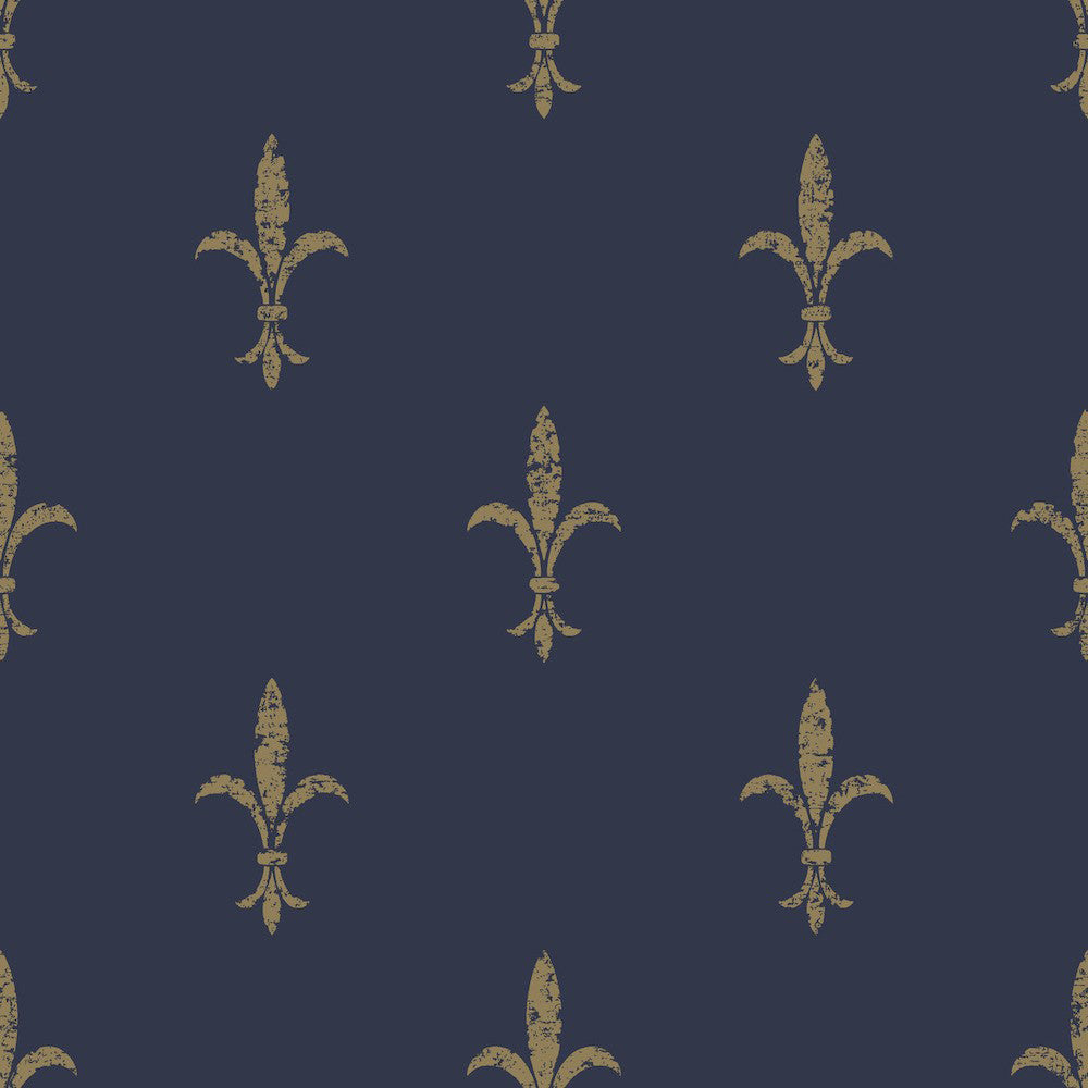 A seamless pattern featuring an ornate golden Fleur De Lis design repeated on a dark navy blue background, ideal for York Wallcoverings' Fleur De Lis (60 SqFt) strippable wallpaper.
