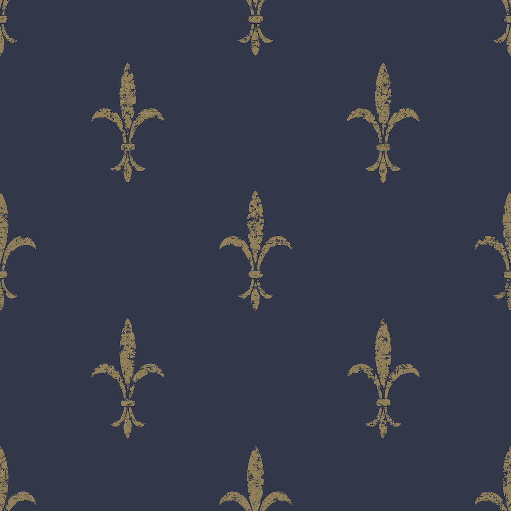 A York Wallcoverings Fleur De Lis Wallpaper (60 SqFt) featuring a dark blue background with a repeating gold fleur-de-lis pattern. The evenly spaced fleur-de-lis symbols have a slightly textured, worn appearance, adding a vintage touch to the scrubbable design.