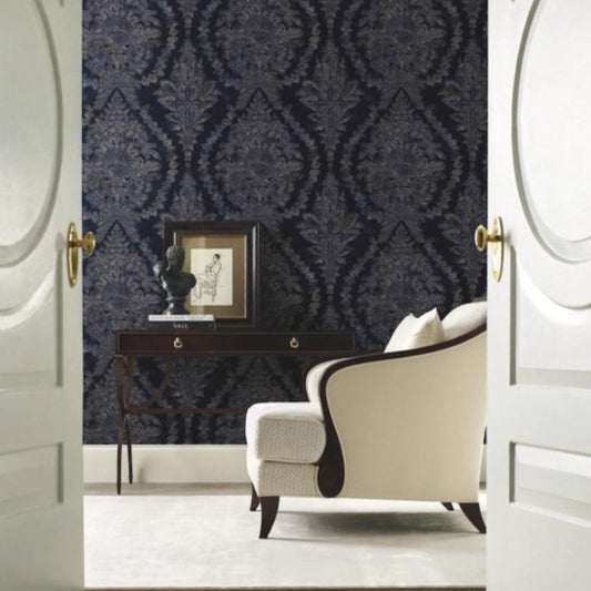 Classic Charleston Damask Wallpaper in Blue (60 SqFt)