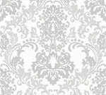 The White Baroque White and Light Grey Wallpaper by Ontario features an intricate, symmetrical damask pattern in shades of grey on a white background with ornate floral and leaf motifs. This textured wallpaper offers an elegant, classic look while being crafted from durable material.