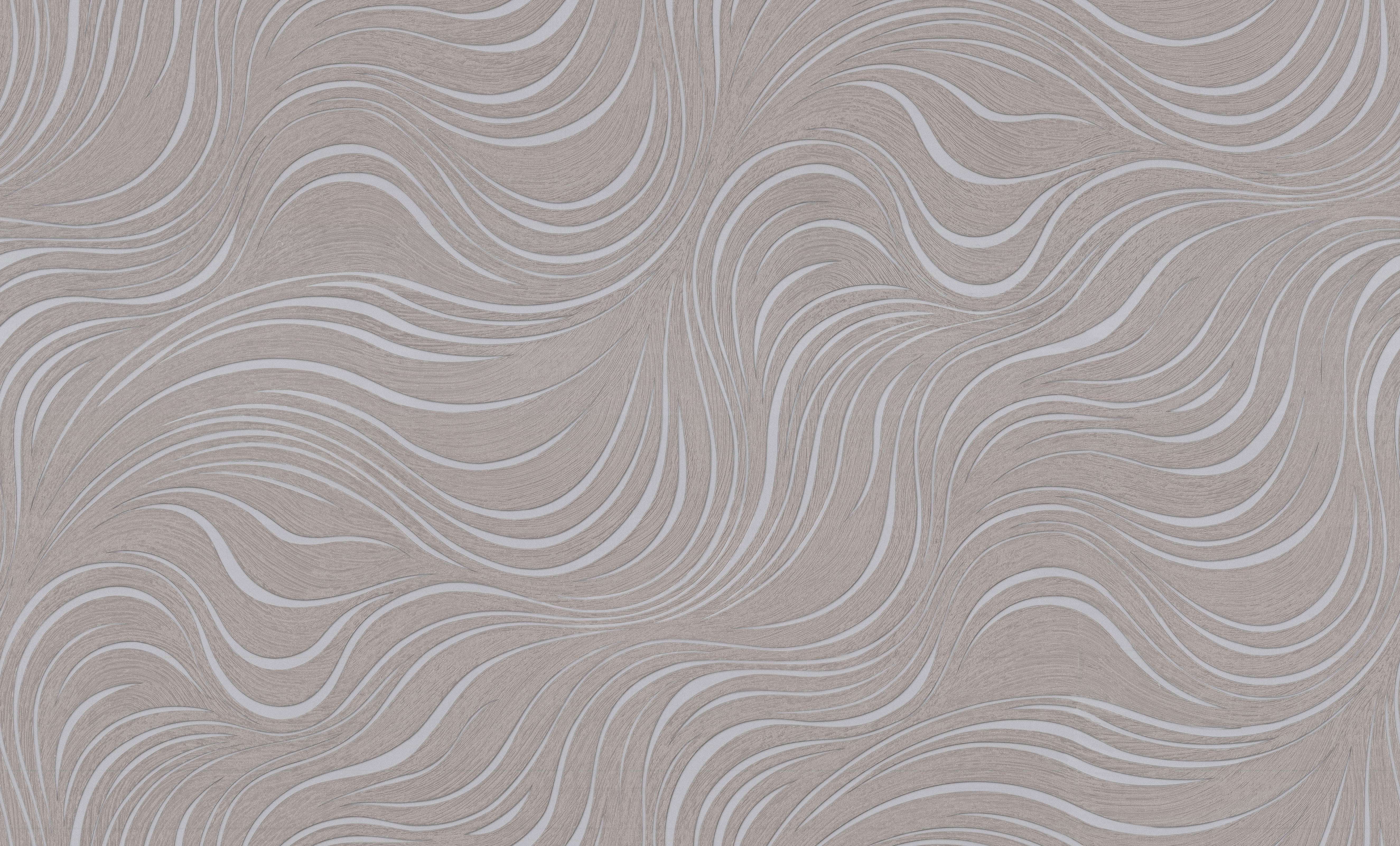 A seamless pattern of wavy, textured lines in various shades of grey and beige creates an undulating, flowing effect. The modern non-woven lines vary in thickness, giving a sense of depth and movement throughout the abstract pattern. Introducing the Sea Wallpaper (114 SqFt) by Palitra.