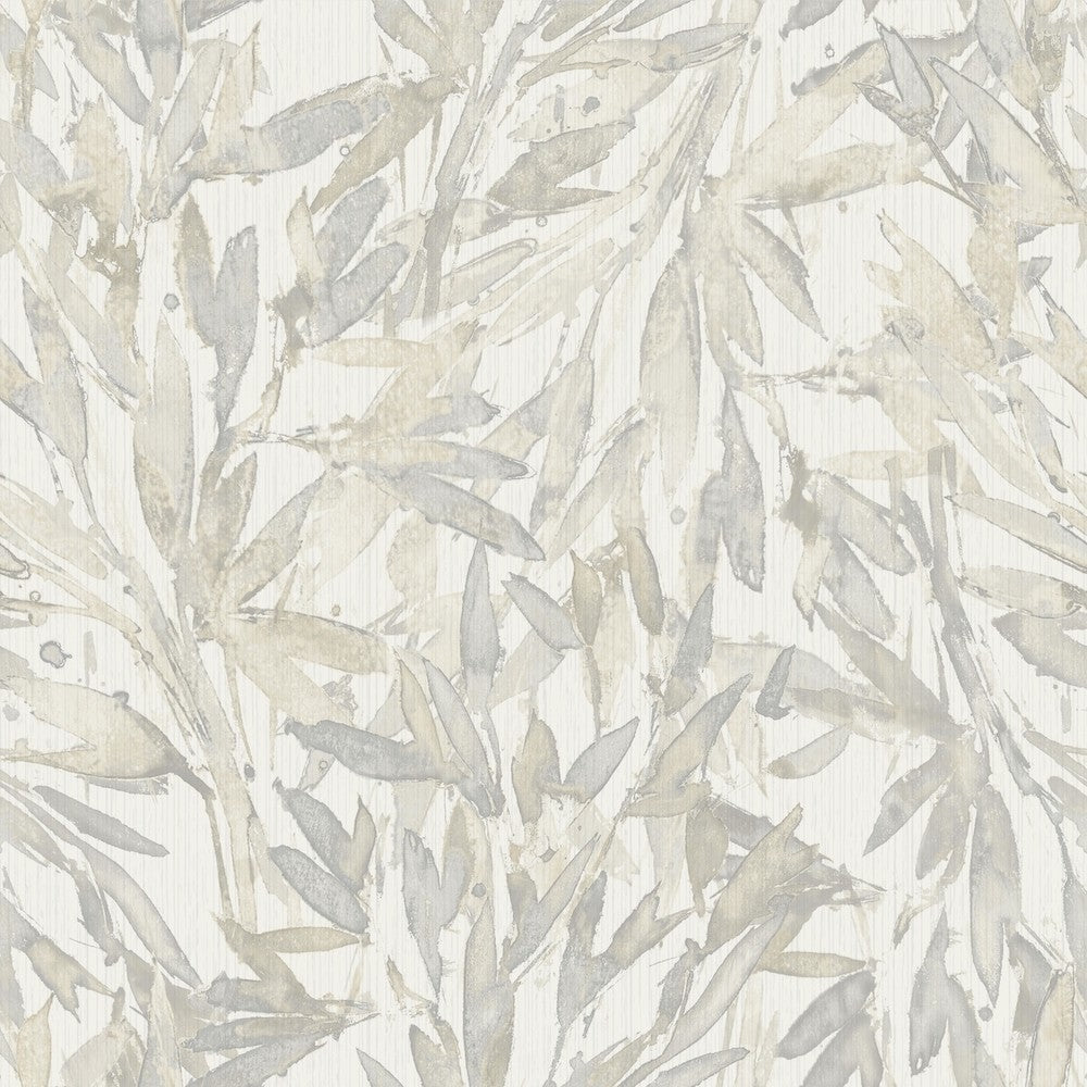 A textured wallpaper design featuring a pattern of abstract leafy branches in shades of grey and beige on a white background. The Rainforest Leaves (56 SqFt) by York Wallcoverings appears to be painted with soft, watercolor-like brushstrokes, giving the wallpaper a subtle and natural look.