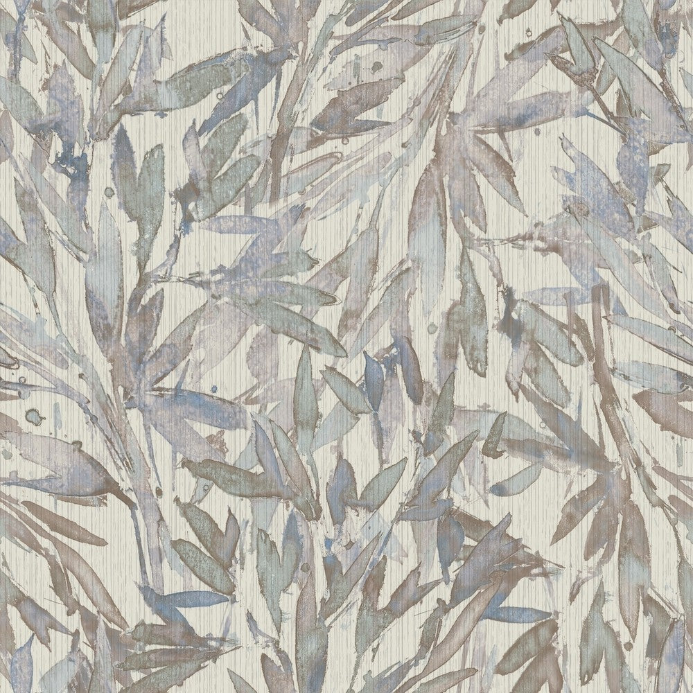 An intricate pattern featuring watercolor-like rainforest leaves in shades of blue, gray, and brown. The leaves are layered over a textured, light beige background, creating an artistic, botanical design perfect for Rainforest Leaves (56 SqFt) by York Wallcoverings.