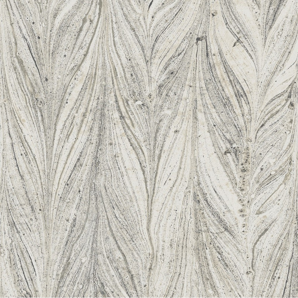 A close-up of a marbled surface with a flowing pattern of veins and swirls in shades of gray on a white background. The design resembles natural stone or wood grain, creating an abstract and organic look, perfect for luxury wallcoverings such as York Wallcoverings Ebru Marble (56 SqFt).