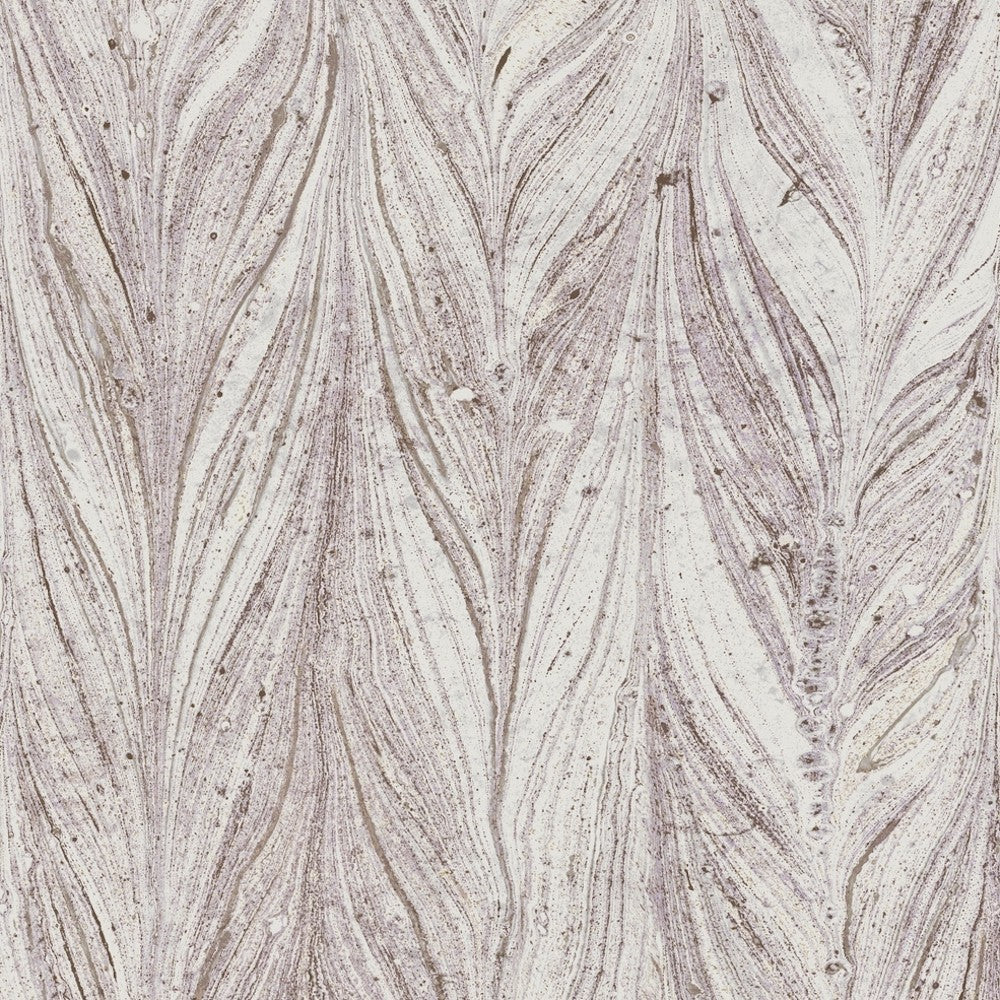 A close-up of a surface with intricate, feather-like patterns in shades of light brown and beige. The design appears textured, resembling natural marbling or wood grain, creating an organic and flowing visual effect, perfect for luxury wallcoverings like the Ebru Marble (56 SqFt) by York Wallcoverings.